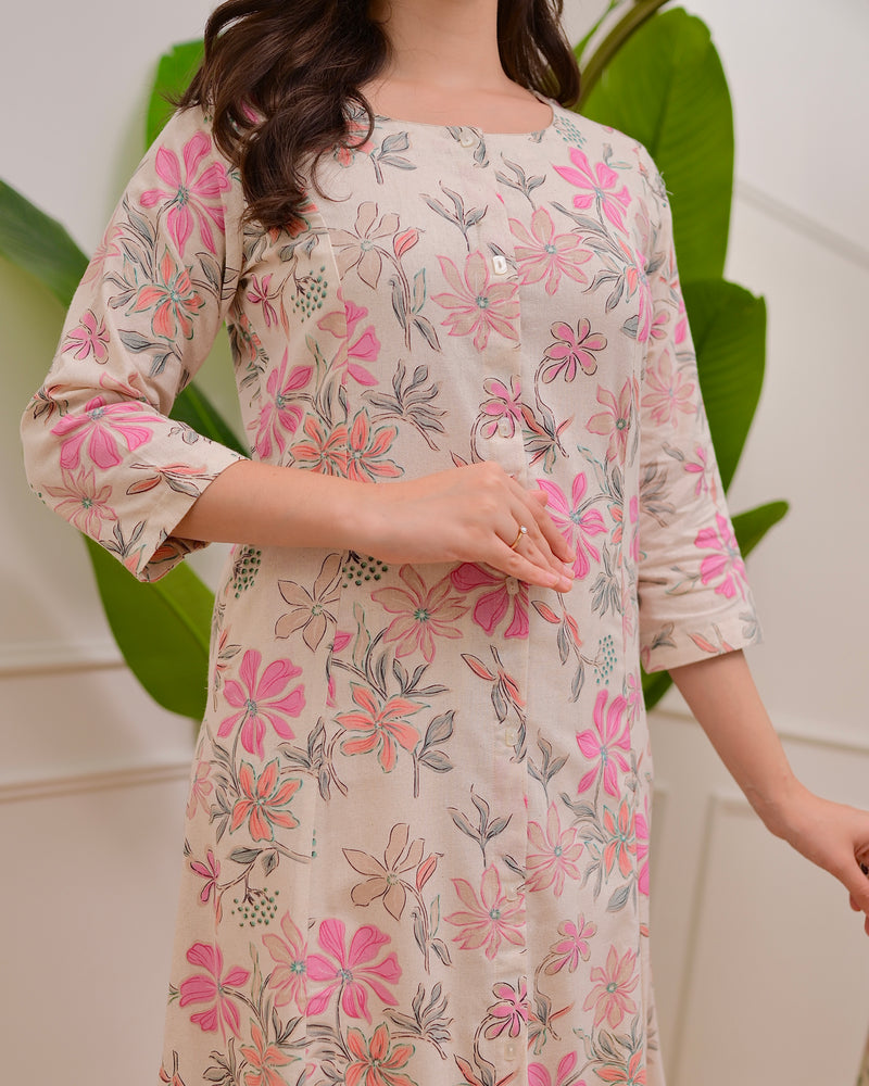 Ivory Floral Bloom A Line Cotton Kurta Set