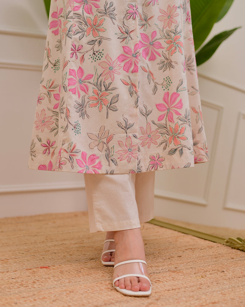Ivory Floral Bloom A Line Cotton Kurta Set