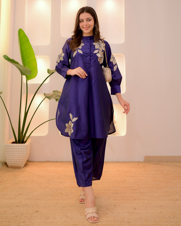 Midnight Blue Threadwork Chanderi Cotton Co-ord
