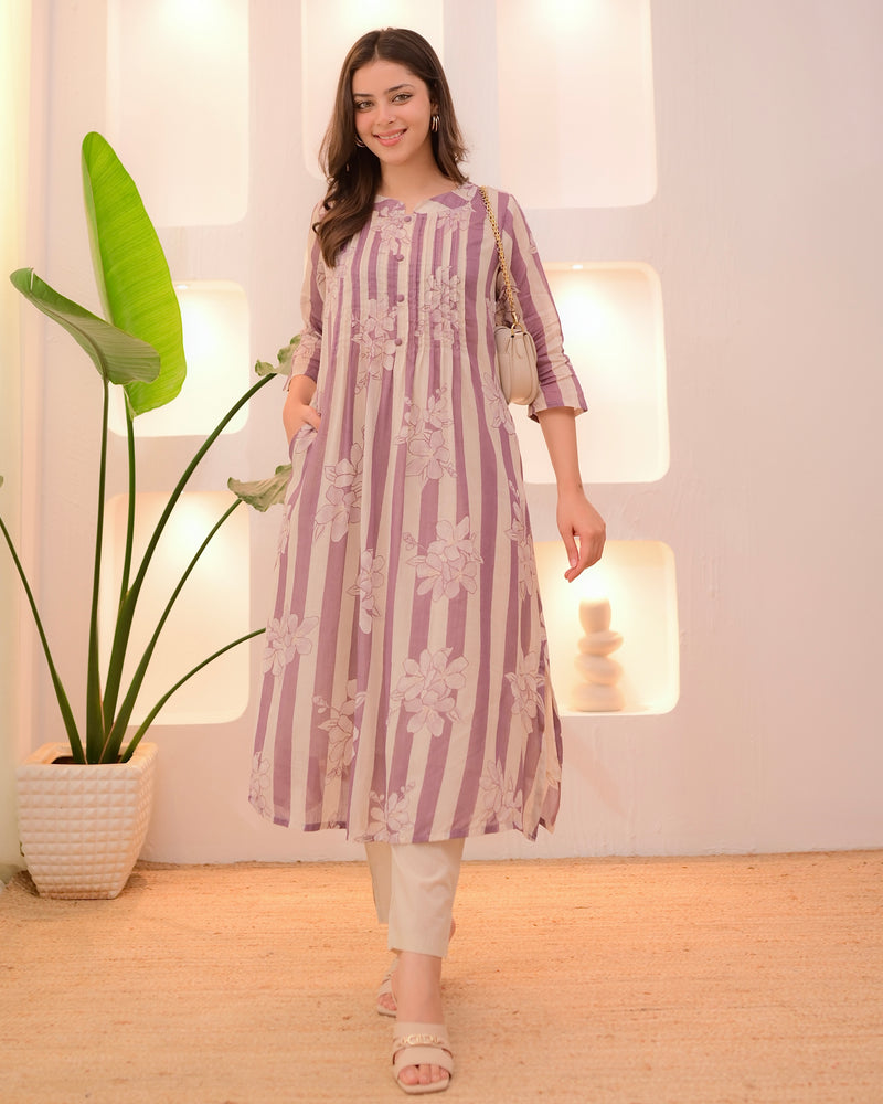 Ivory Lilac Striped Floral Mul Cotton Kurta Set