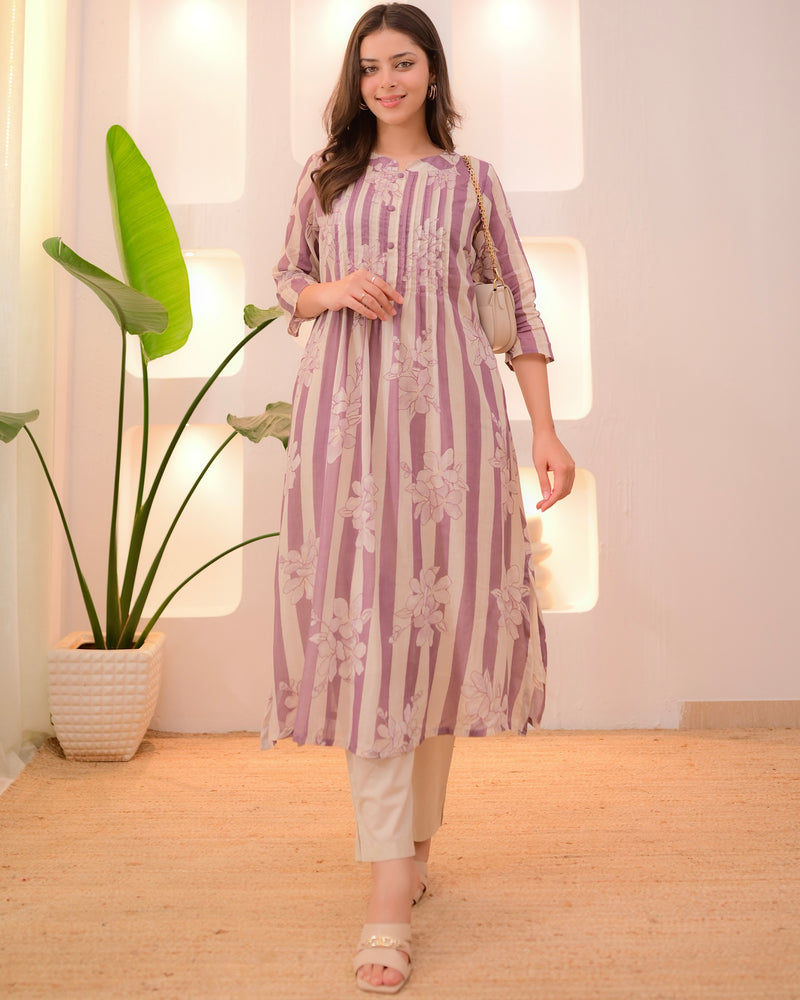 Ivory Lilac Striped Floral Mul Cotton Kurta Set