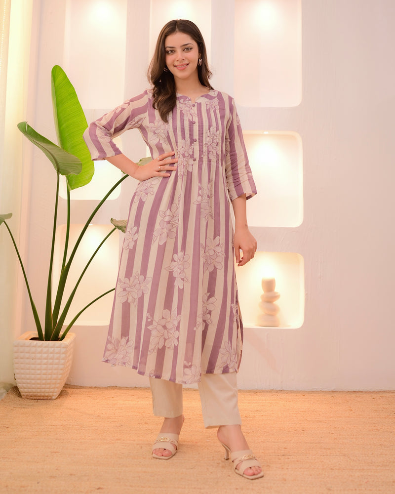 Ivory Lilac Striped Floral Mul Cotton Kurta Set