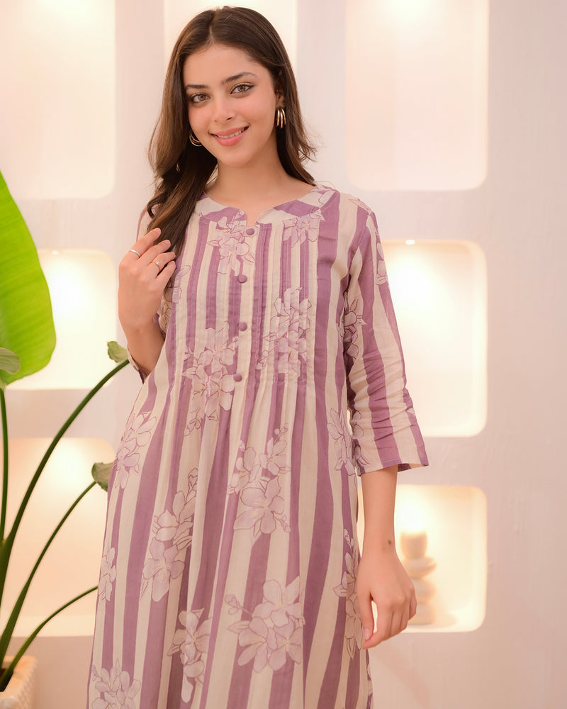 Ivory Lilac Striped Floral Mul Cotton Kurta Set