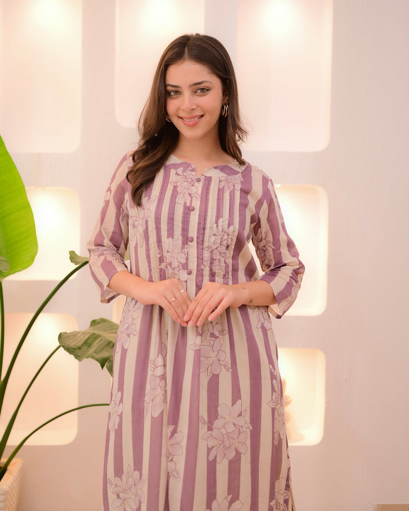 Ivory Lilac Striped Floral Mul Cotton Kurta Set