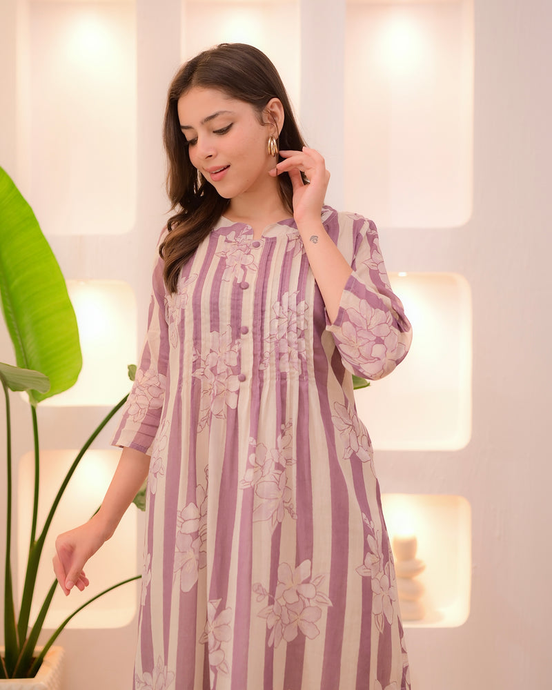 Ivory Lilac Striped Floral Mul Cotton Kurta Set