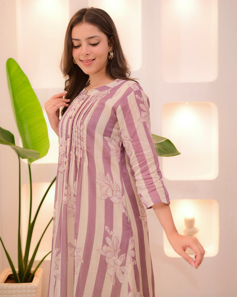 Ivory Lilac Striped Floral Mul Cotton Kurta Set