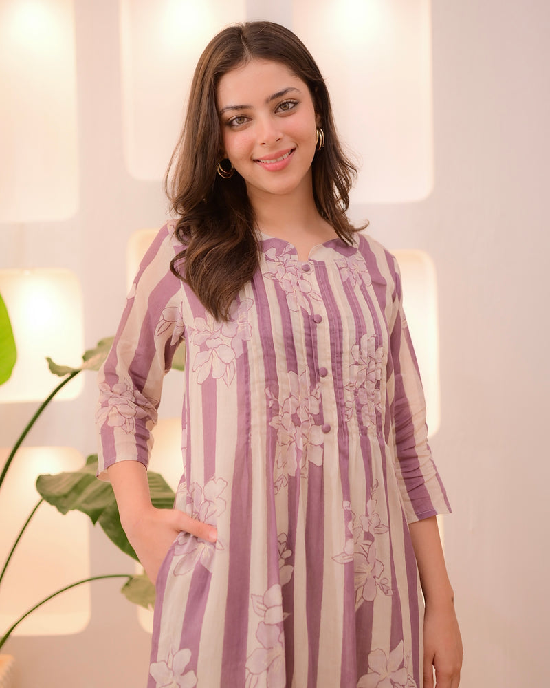 Ivory Lilac Striped Floral Mul Cotton Kurta Set