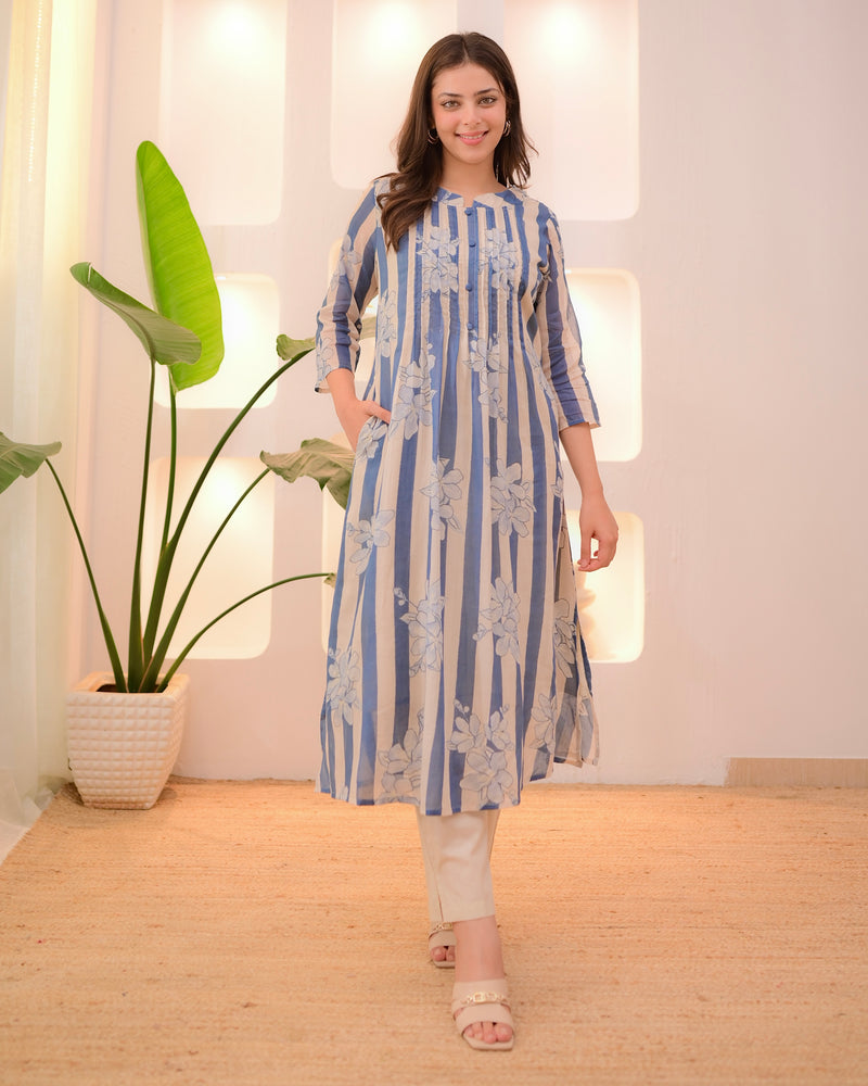 Ivory Blue Striped Floral Mul Cotton Kurta Set