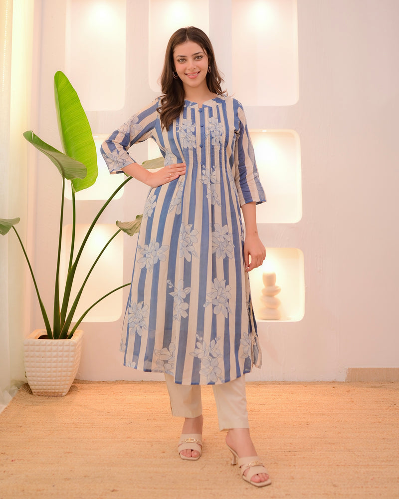 Ivory Blue Striped Floral Mul Cotton Kurta Set