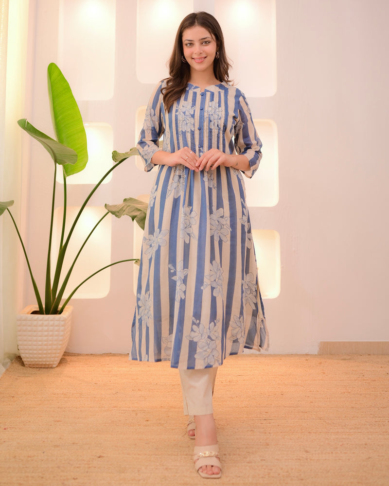 Ivory Blue Striped Floral Mul Cotton Kurta Set