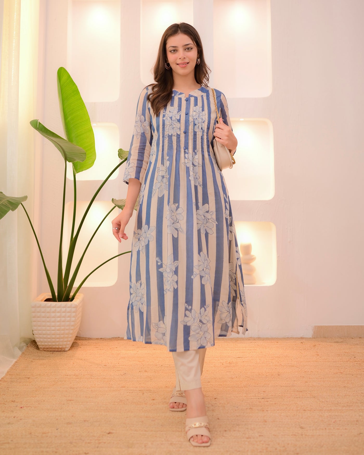 Ivory Blue Striped Floral Mul Cotton Kurta Set