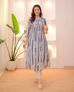 Ivory Blue Striped Floral Mul Cotton Kurta Set