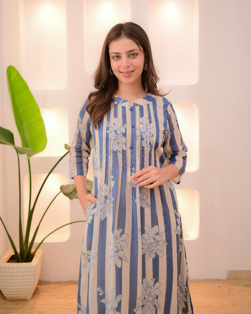 Ivory Blue Striped Floral Mul Cotton Kurta Set