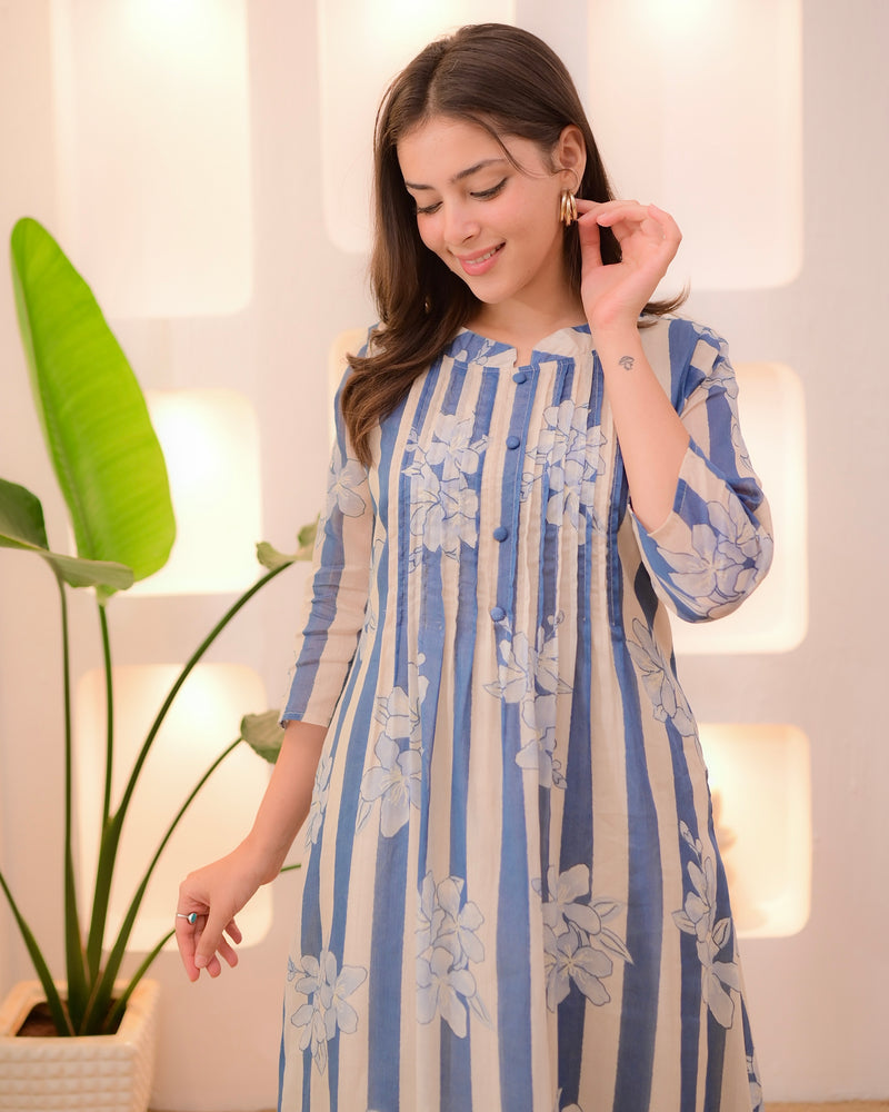 Ivory Blue Striped Floral Mul Cotton Kurta Set