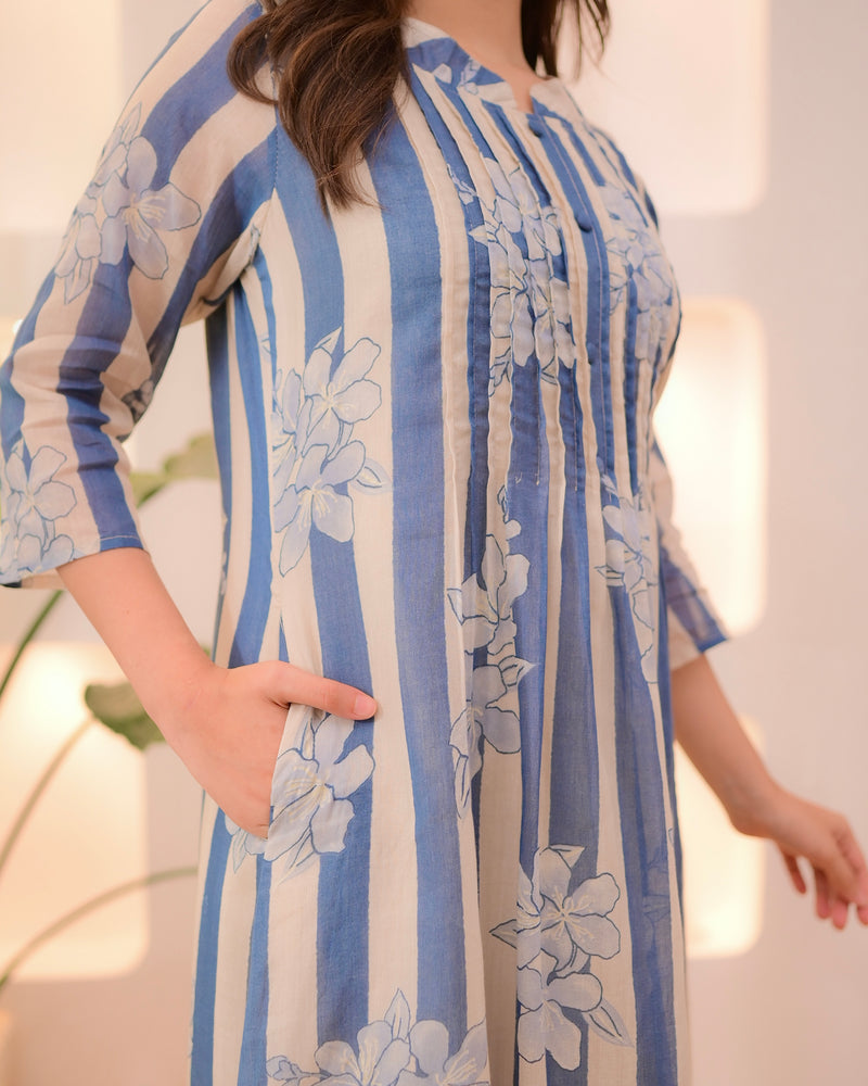 Ivory Blue Striped Floral Mul Cotton Kurta Set