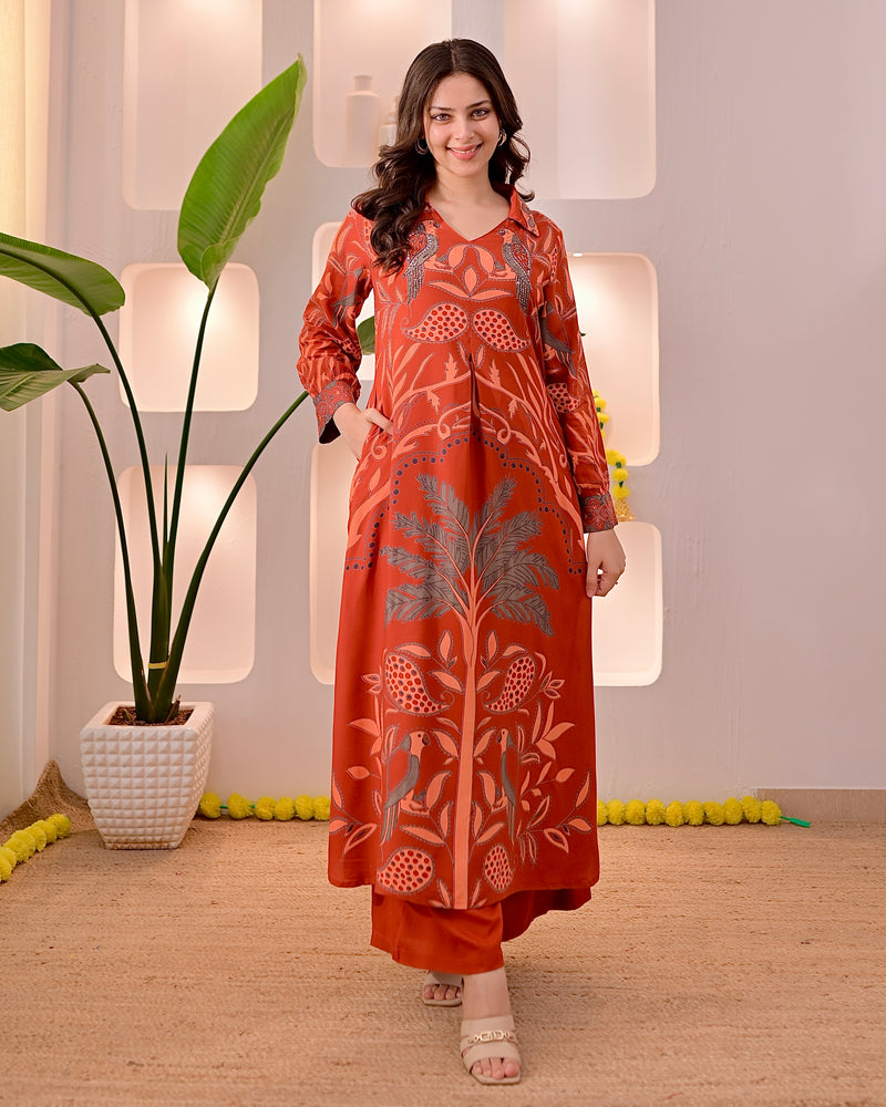 Rust Reverie Tropical A Line Kurta Palazzo Set