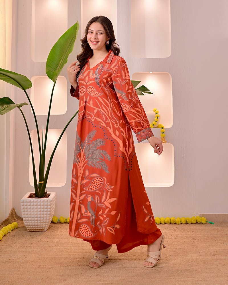 Rust Reverie Tropical A Line Kurta Palazzo Set