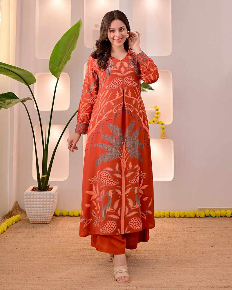 Rust Reverie Tropical A Line Kurta Palazzo Set