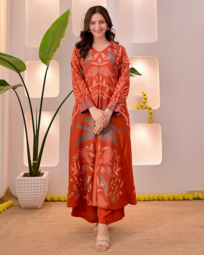 Rust Reverie Tropical A Line Kurta Palazzo Set