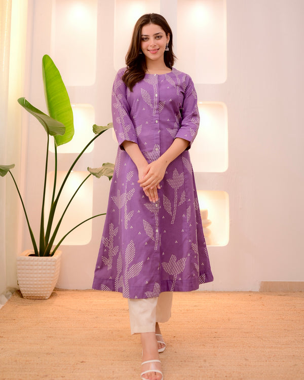 Orchid Ivory Bandhani A Line Cotton Kurta Set