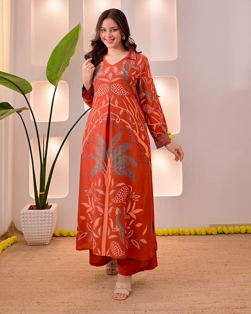 Rust Reverie Tropical A Line Kurta Palazzo Set
