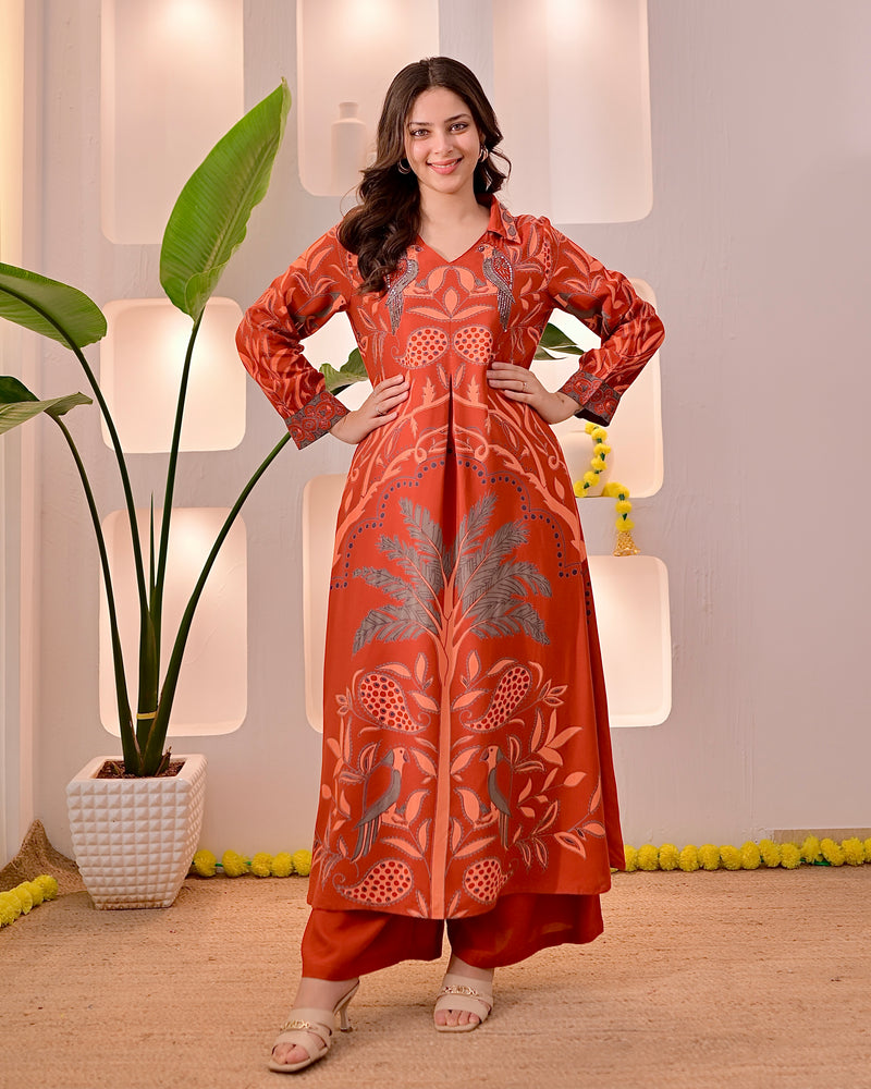 Rust Reverie Tropical A Line Kurta Palazzo Set