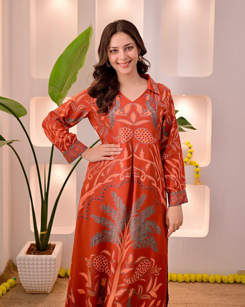 Rust Reverie Tropical A Line Kurta Palazzo Set