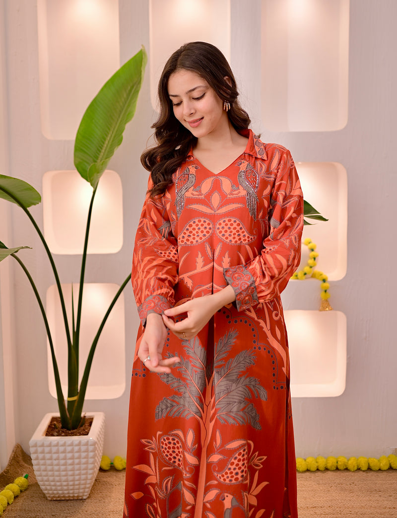 Rust Reverie Tropical A Line Kurta Palazzo Set