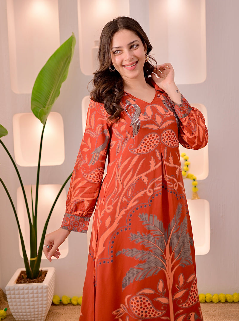 Rust Reverie Tropical A Line Kurta Palazzo Set