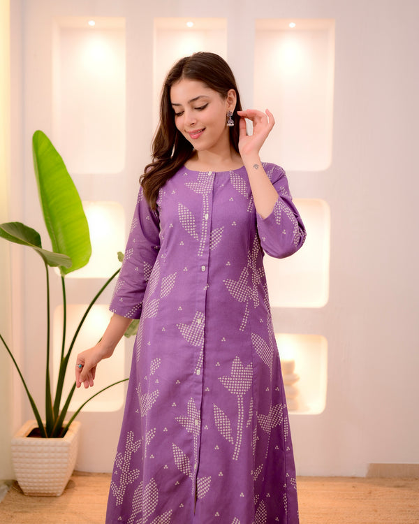 Orchid Ivory Bandhani A Line Cotton Kurta Set