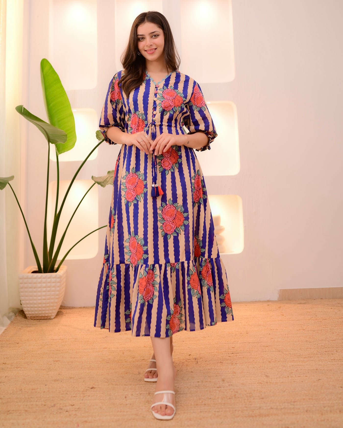Navy Blue Bloom Striped A Line Cotton Dress