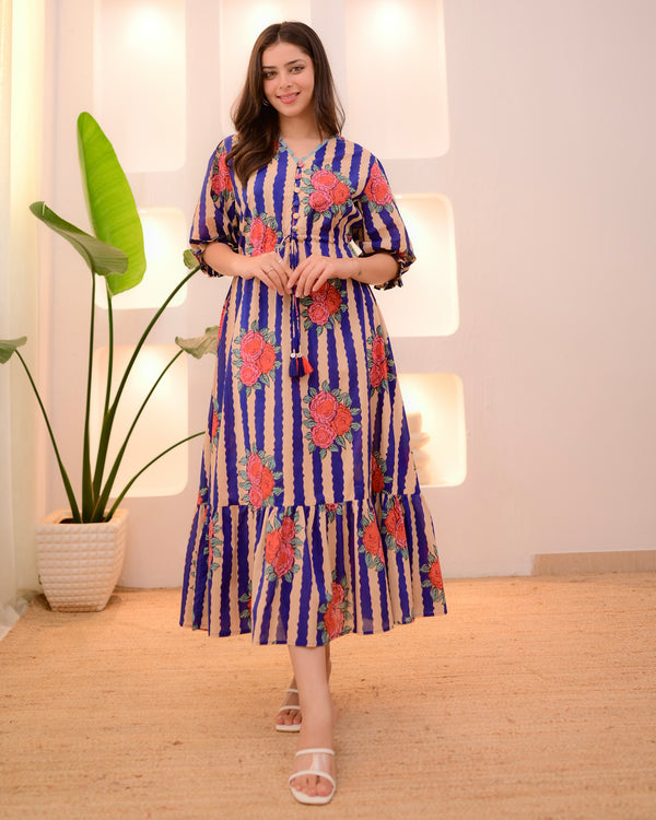 Navy Blue Bloom Striped A Line Cotton Dress
