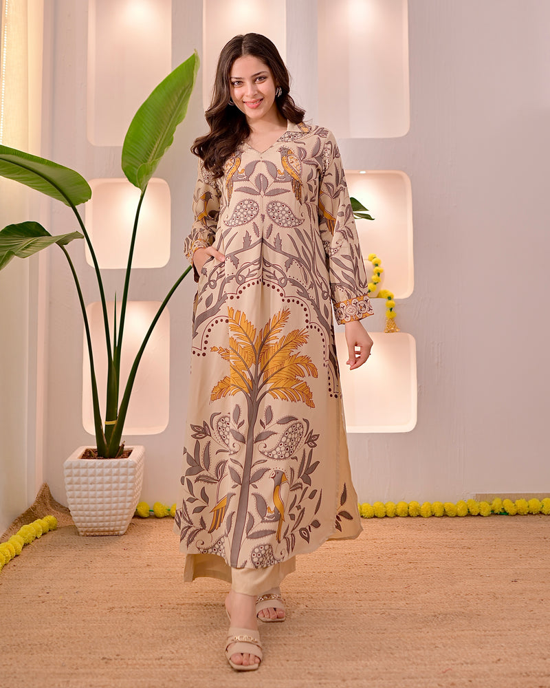 Ivory Mustard Tropical A Line Kurta Palazzo Set