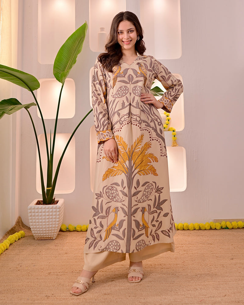 Ivory Mustard Tropical A Line Kurta Palazzo Set