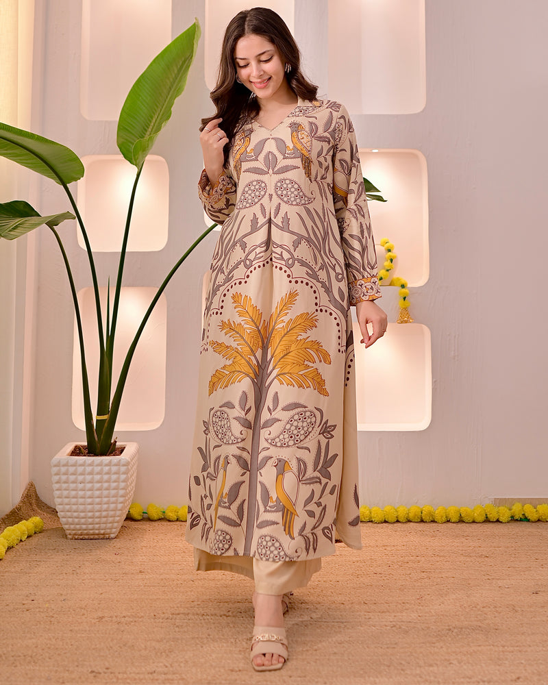 Ivory Mustard Tropical A Line Kurta Palazzo Set