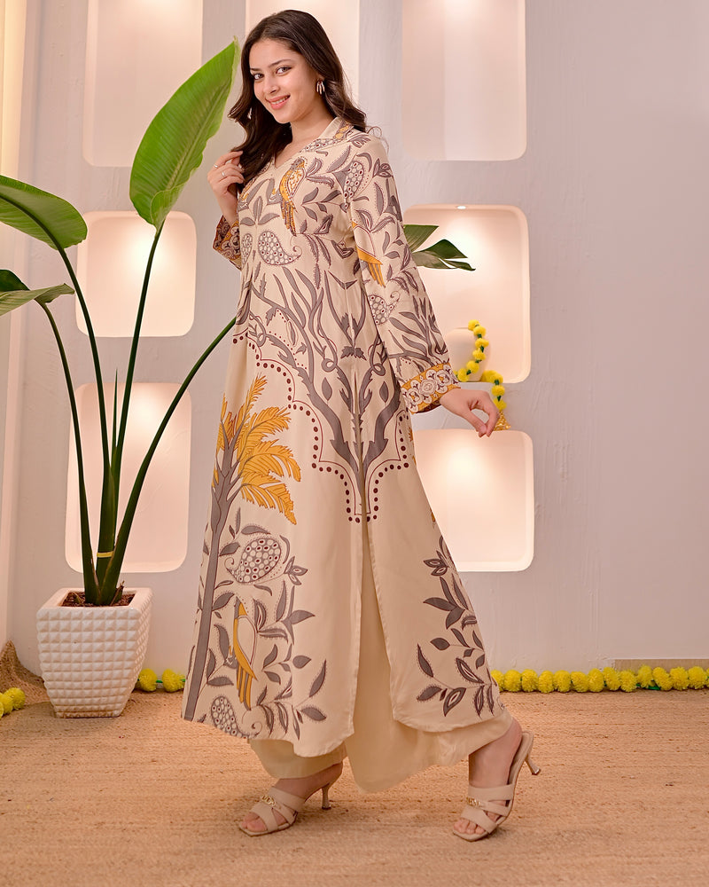 Ivory Mustard Tropical A Line Kurta Palazzo Set