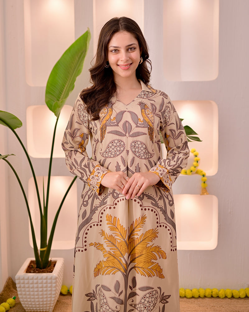 Ivory Mustard Tropical A Line Kurta Palazzo Set