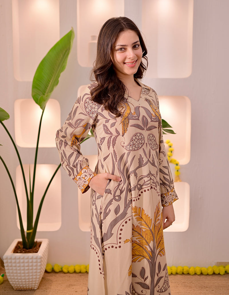 Ivory Mustard Tropical A Line Kurta Palazzo Set