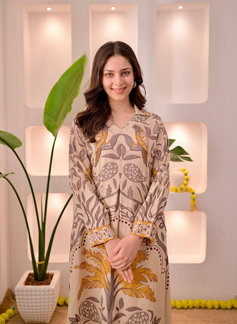 Ivory Mustard Tropical A Line Kurta Palazzo Set