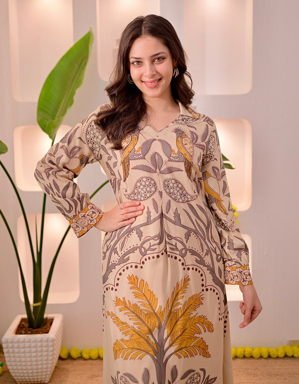 Ivory Mustard Tropical A Line Kurta Palazzo Set