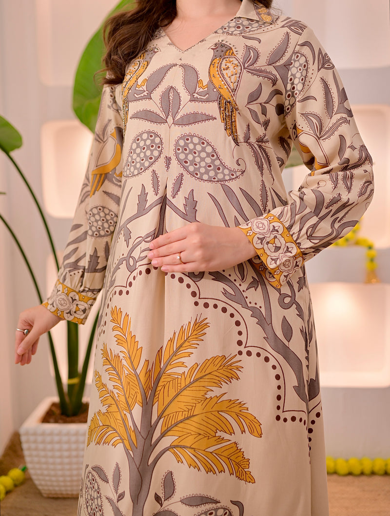 Ivory Mustard Tropical A Line Kurta Palazzo Set