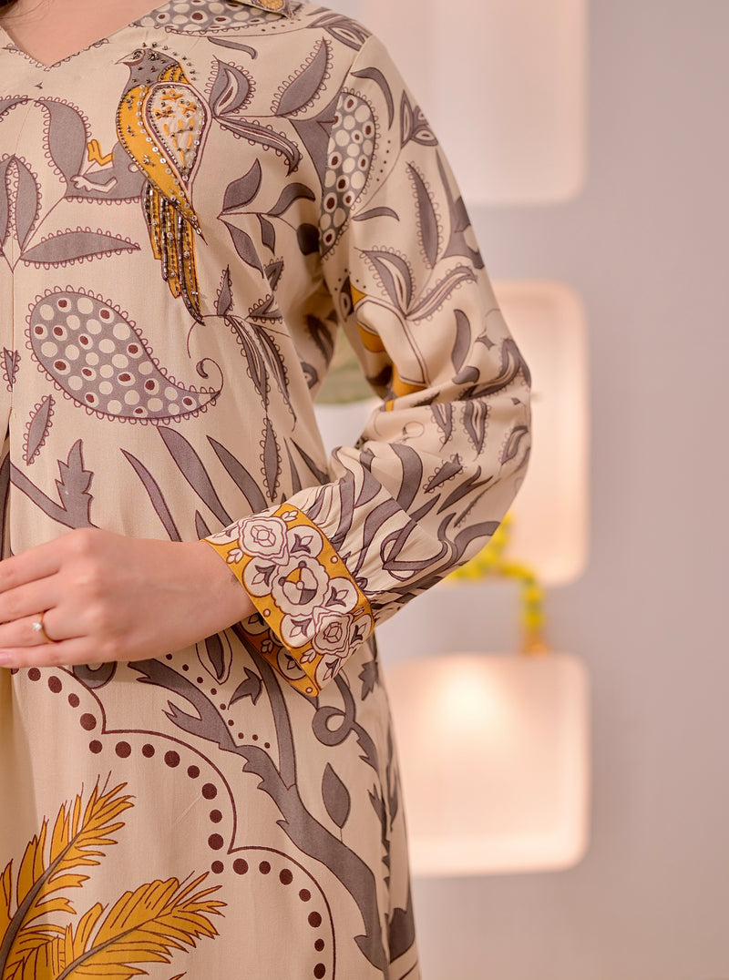 Ivory Mustard Tropical A Line Kurta Palazzo Set