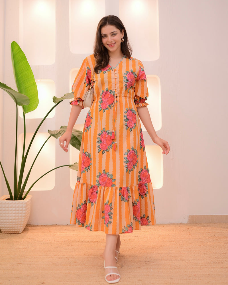 Sunset Bloom Striped A Line Cotton Dress