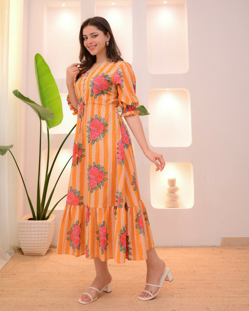 Sunset Bloom Striped A Line Cotton Dress