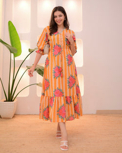 Sunset Bloom Striped A Line Cotton Dress