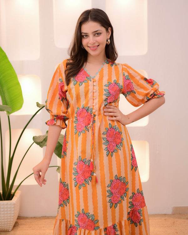 Sunset Bloom Striped A Line Cotton Dress
