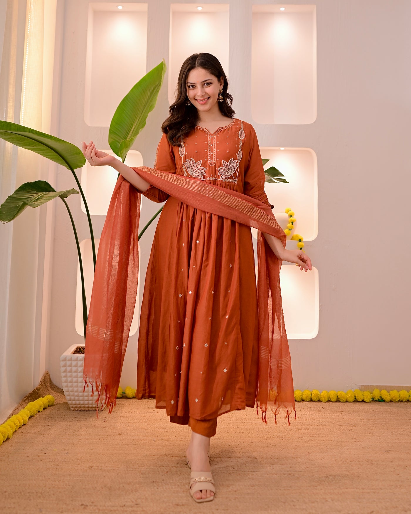 Coral Pearl Embroidered A Line Mul Chanderi Suit