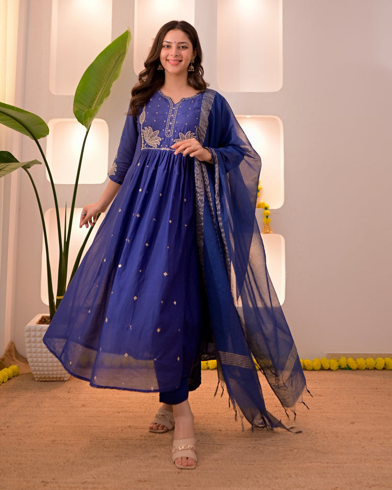 Blue Pearl Embroidered 3 PC A Line Mul Chanderi Festive Suit For