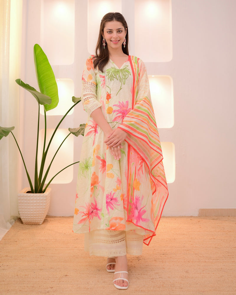 Minty Green Pakistani Schiffli Floral A Line Suit