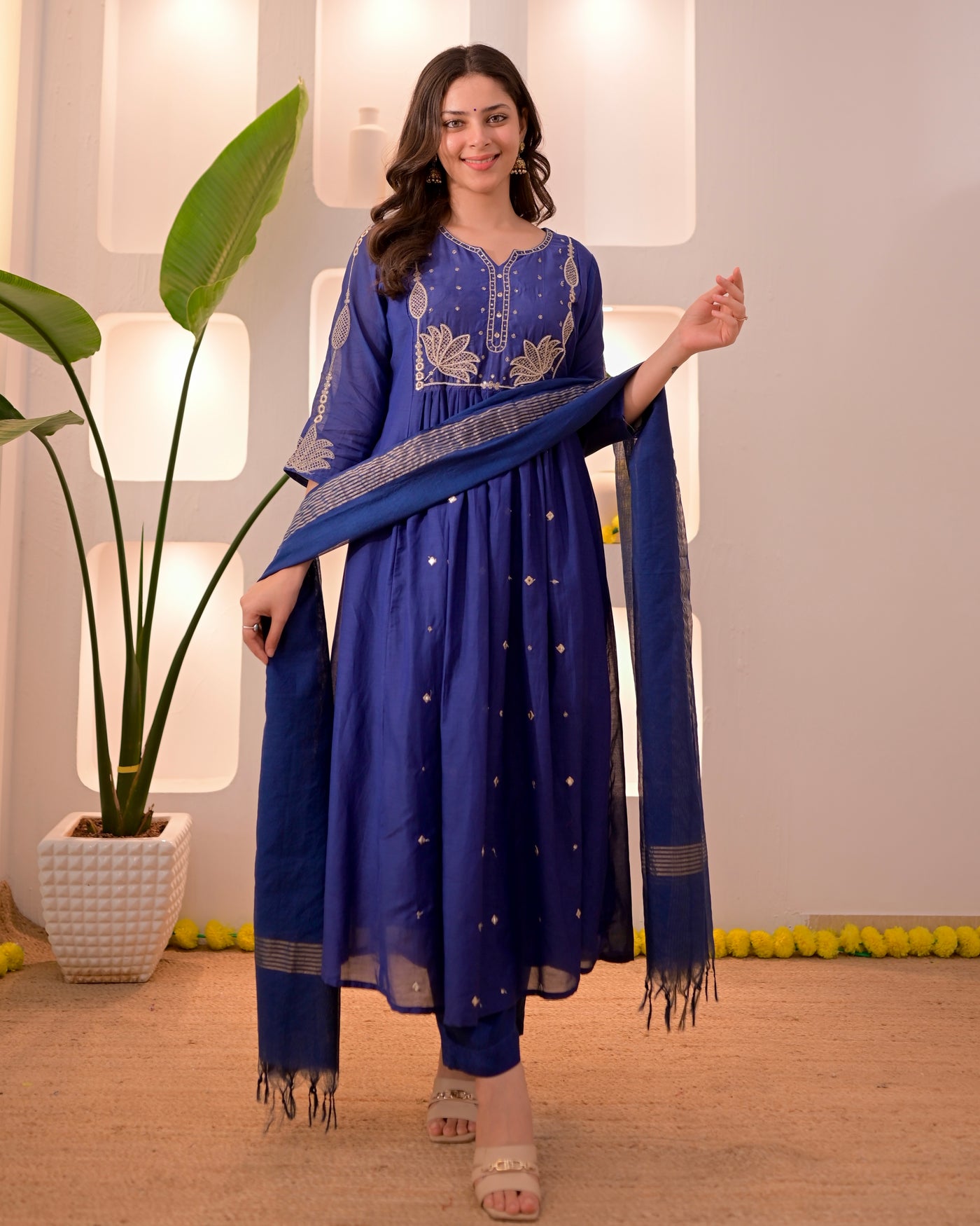 Azure Blue Pearl Embroidered A Line Mul Chanderi Suit